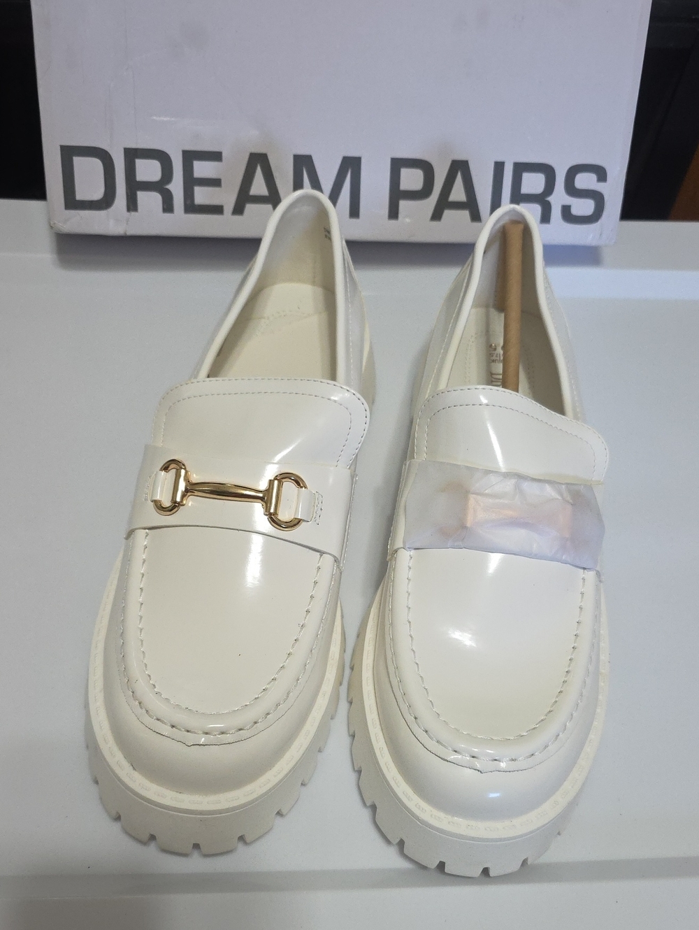 Dream Pairs White Patent Loafers with Gold Bit
